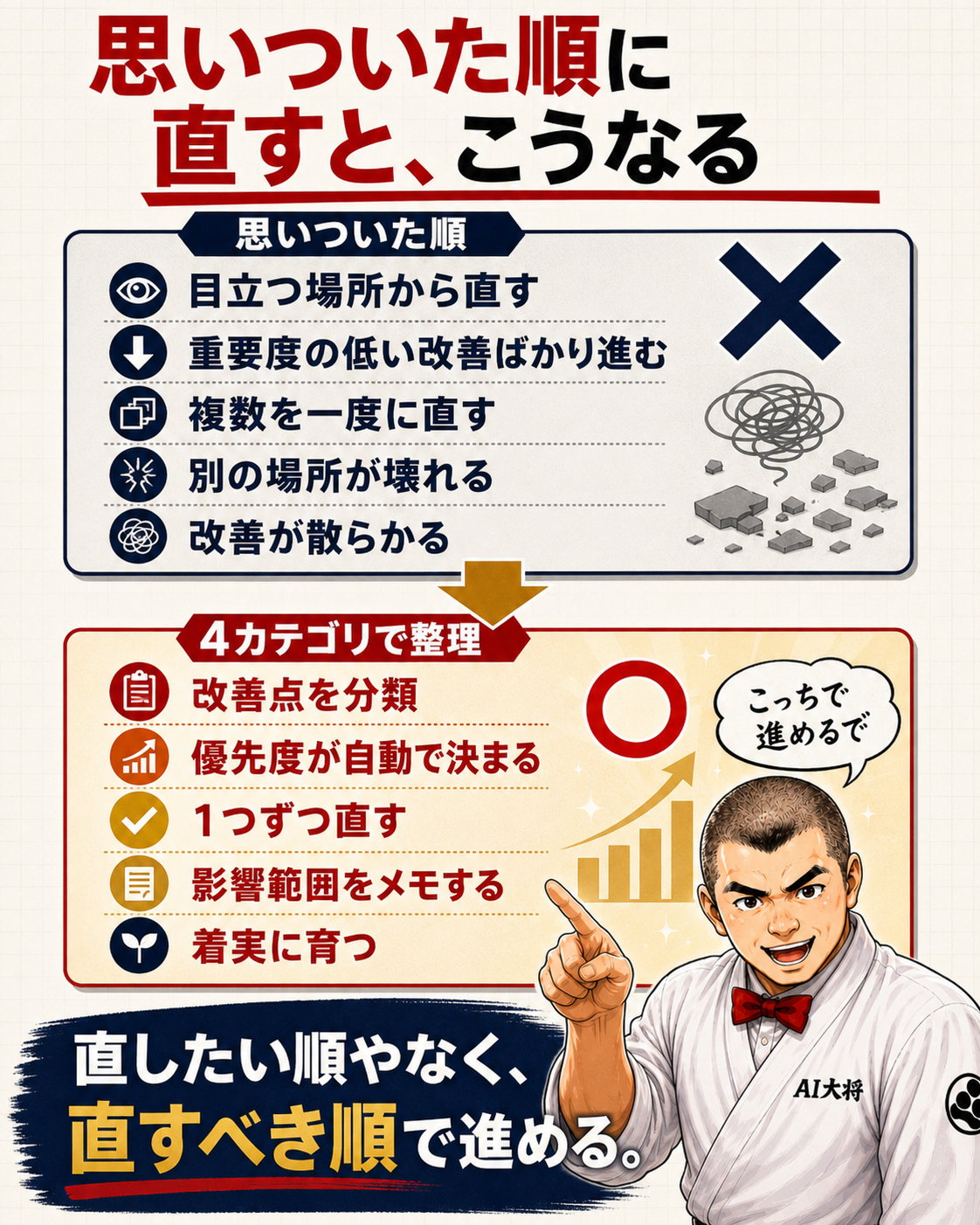 改善点を4カテゴリで整理し優先度を自動で決めるフレームの概念図