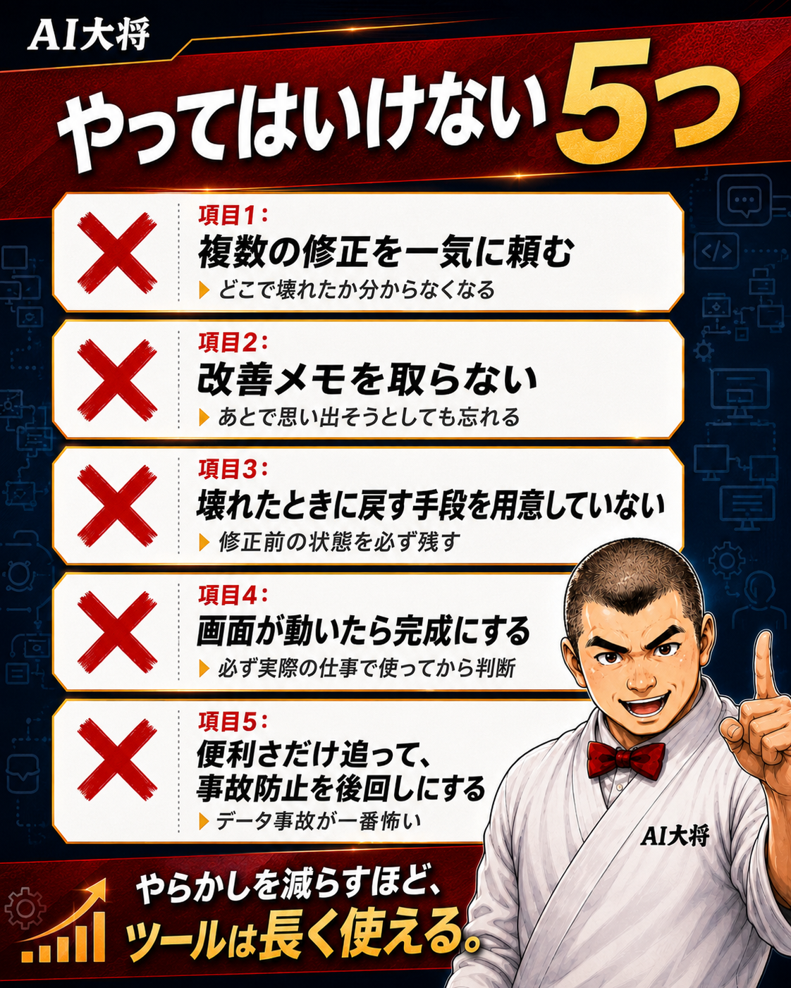 AIで作ったツールを育てるときにやってはいけない5つのリスト図