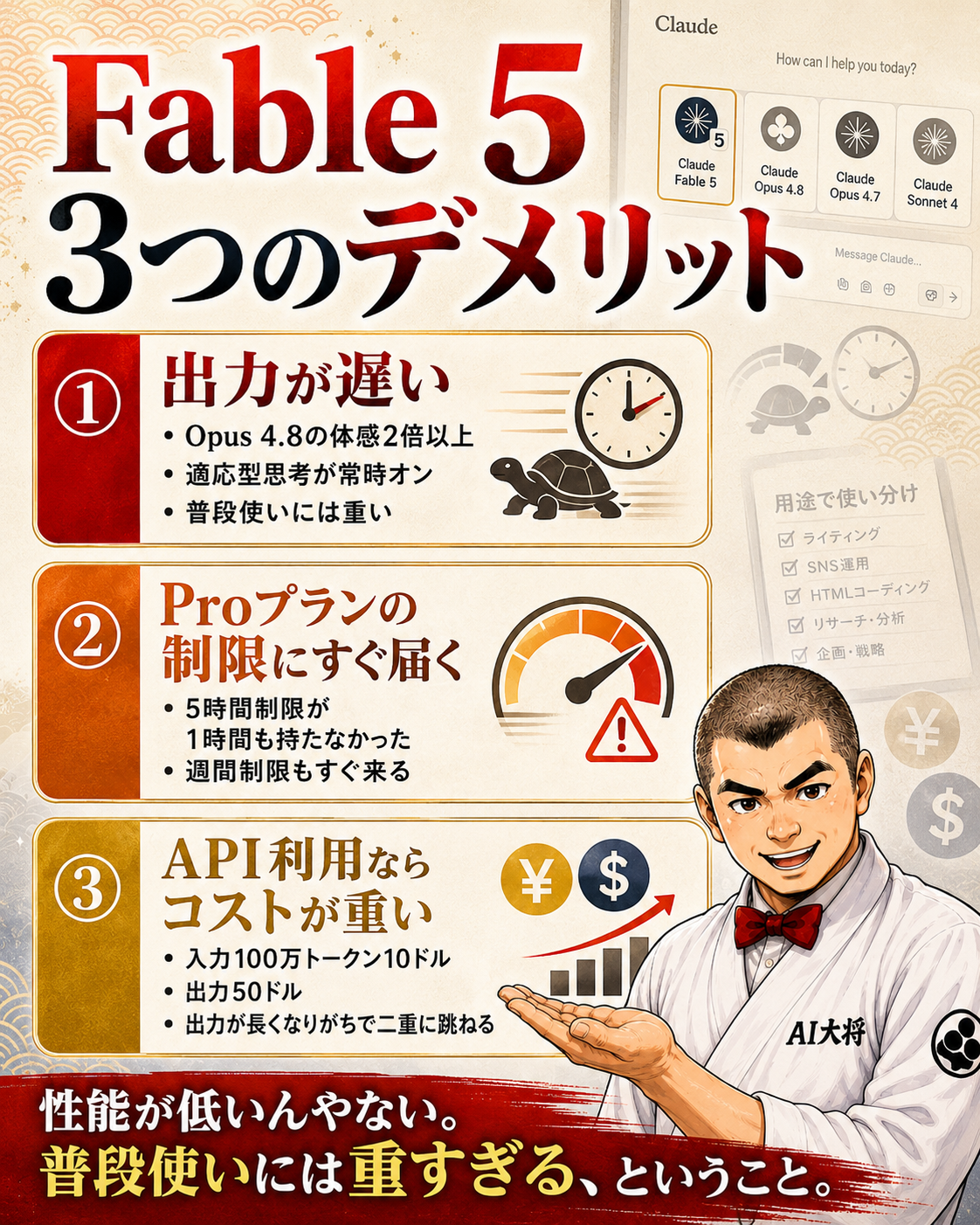 Claude Fable 5の3つのデメリット（遅い・制限・コスト）を示す図解