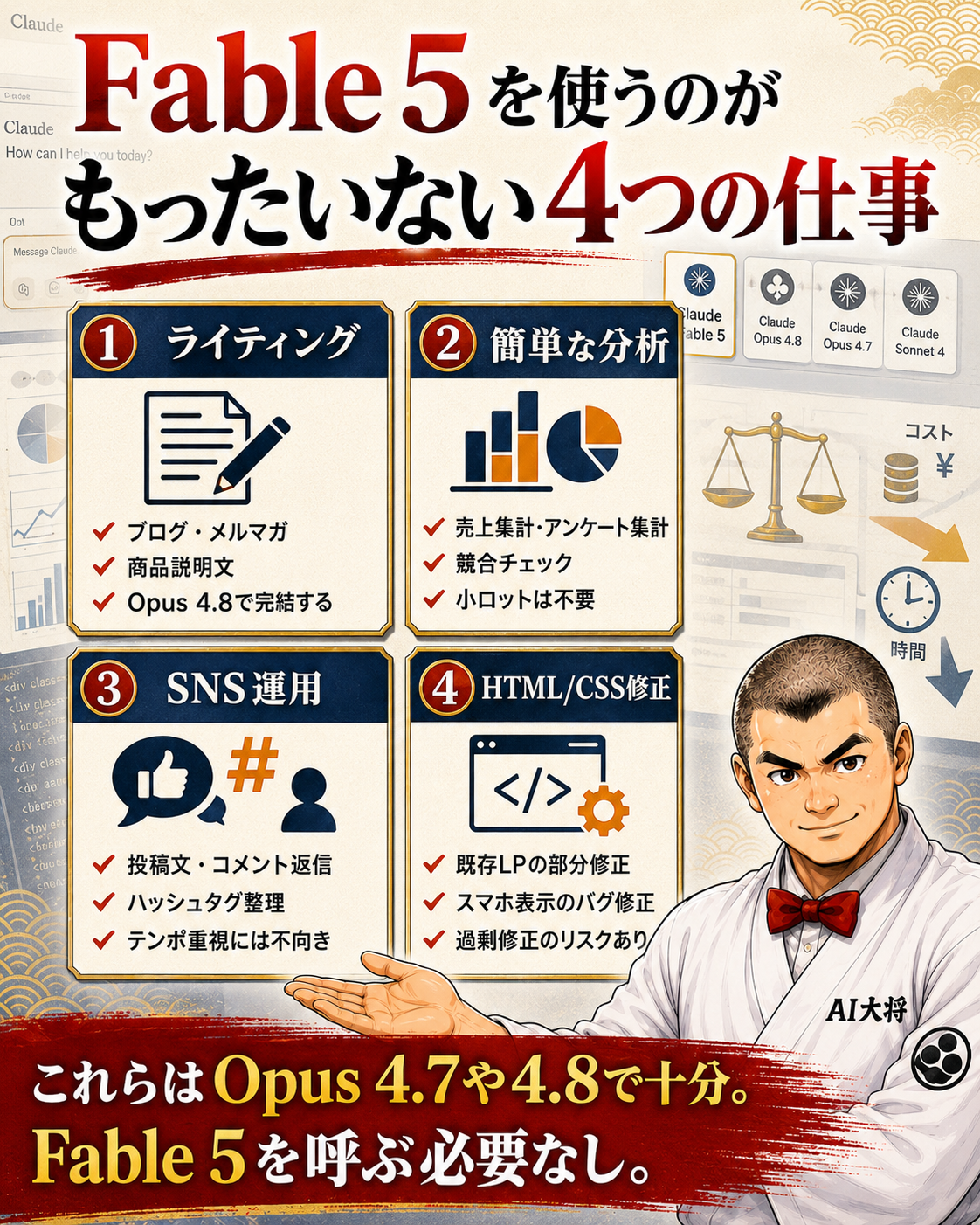 ライティング・分析・SNS・HTMLの4業務はOpus 4.7/4.8で十分という整理図