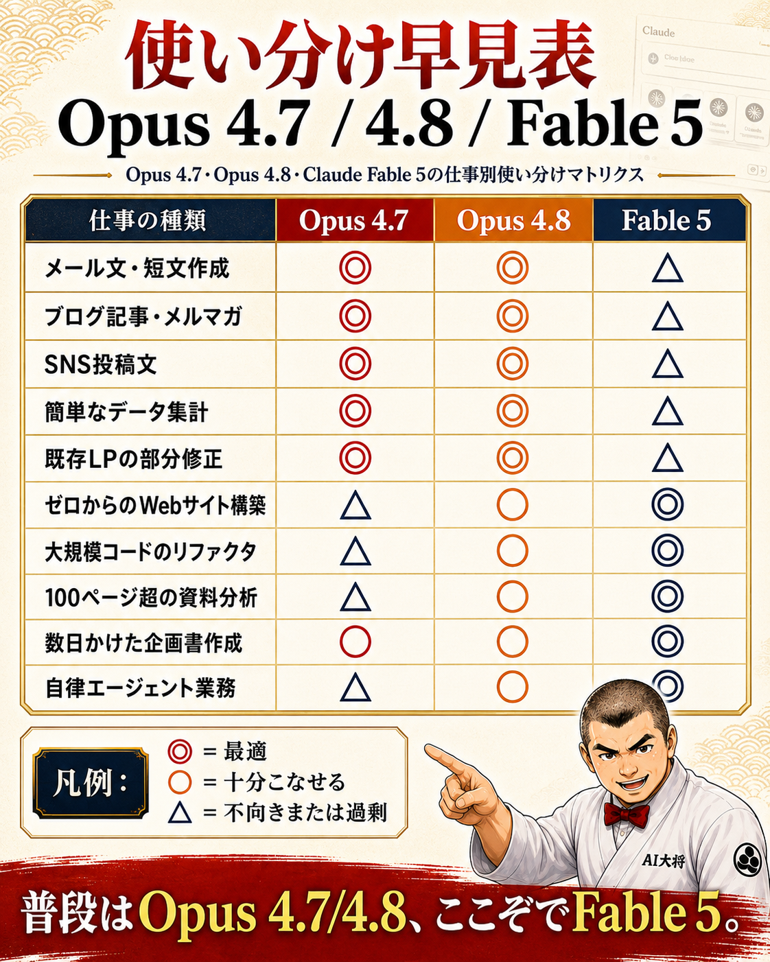 Opus 4.7・4.8・Fable 5の仕事別使い分けマトリクス図