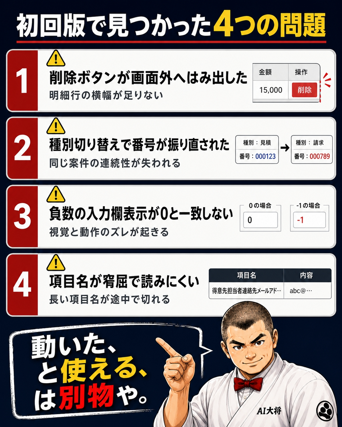 初回版で見つかった4つの問題を示す図解