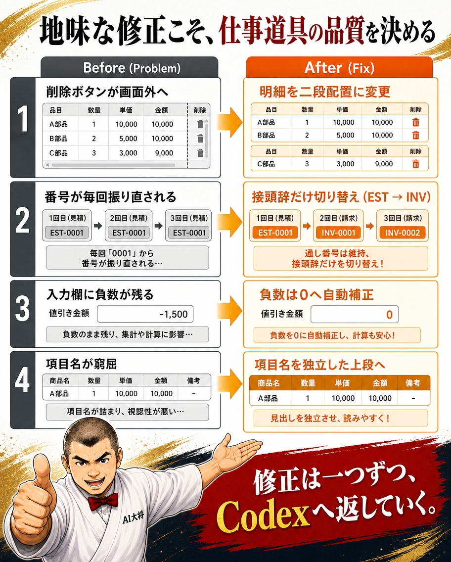 4つの問題と修正内容のビフォーアフター図解