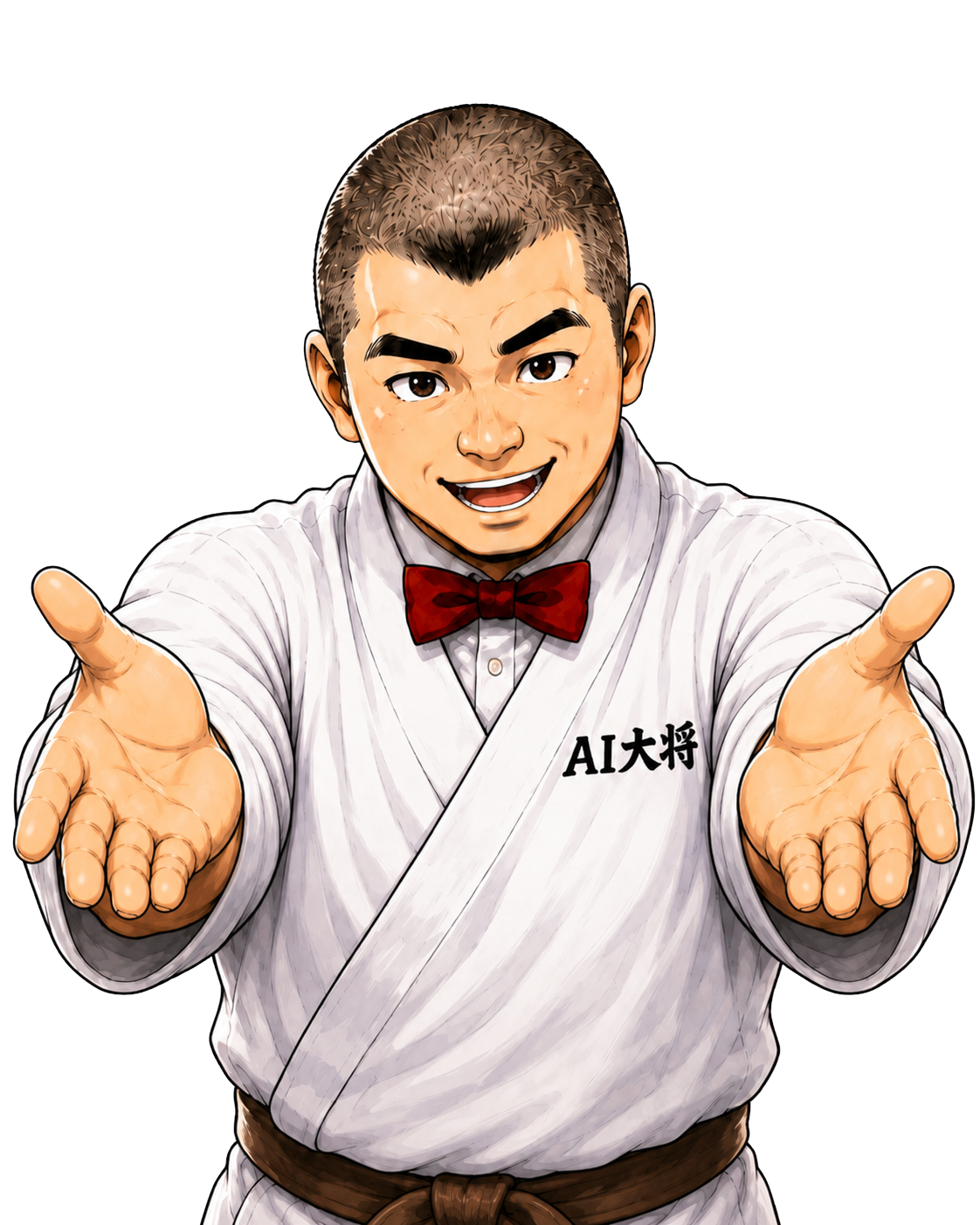両手を差し出して案内するAI大将