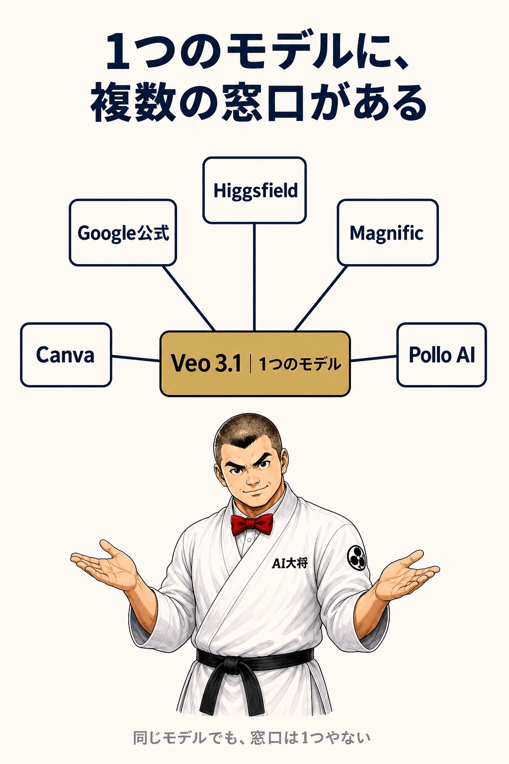 Veo 3.1という1つのモデルから、Google公式・Higgsfield・Magnific・Canva・Pollo AIの5つの窓口カードへ管が伸びている図