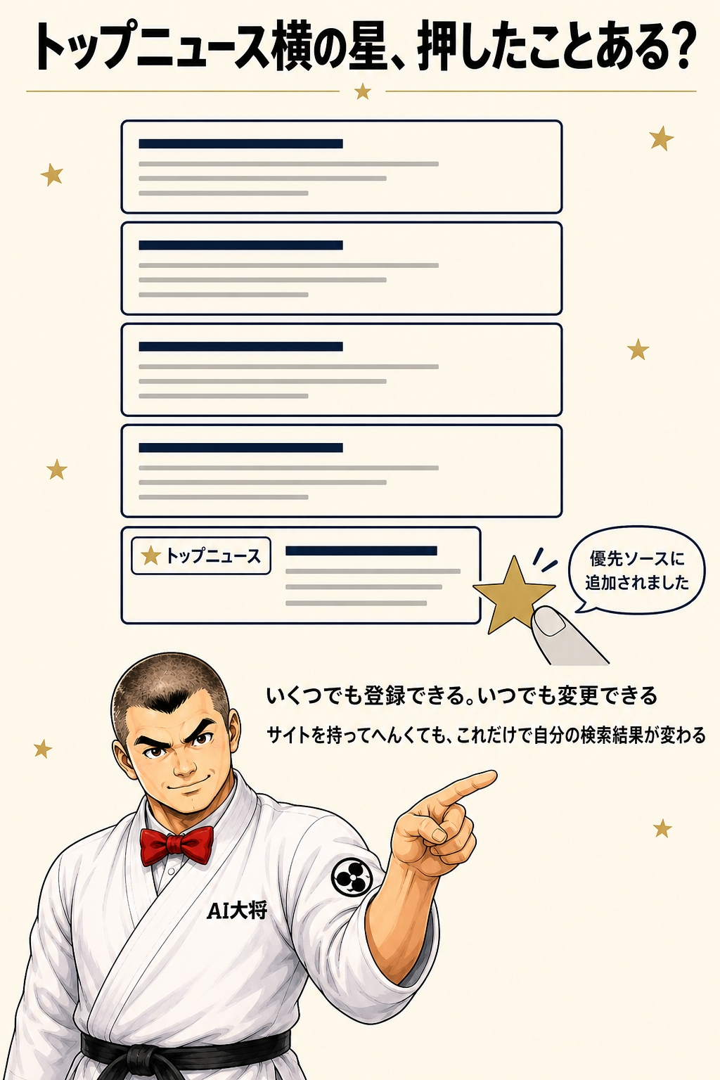 検索結果のトップニュース欄の横にある星アイコンをタップして、サイトが優先ソースリストに追加される流れを示した図解