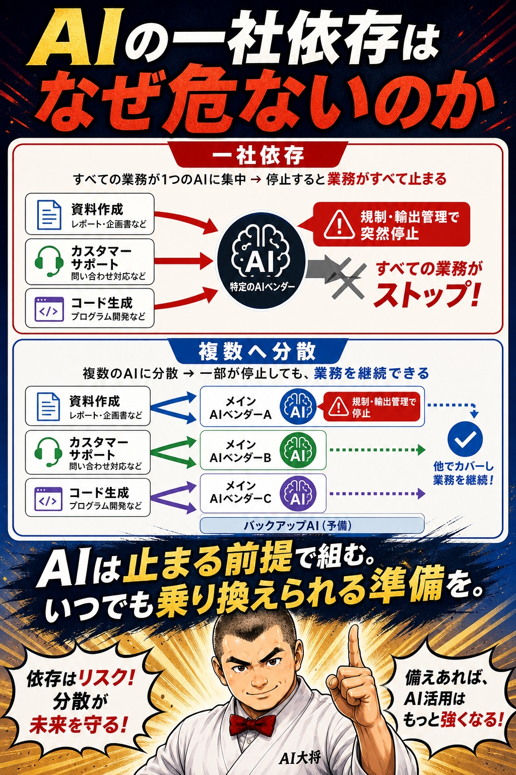 一社依存のリスクと、複数モデルへ分散する考え方を示した図