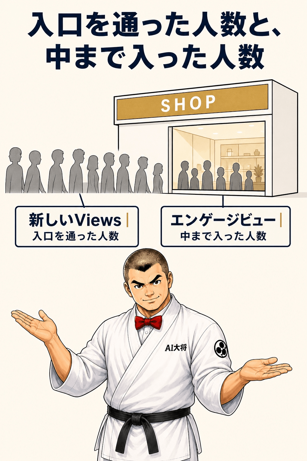 入口を通り過ぎる人数と店内まで入った人数の2つの図を並べ、YouTubeの新しいViewsとエンゲージビューの違いを示した図解