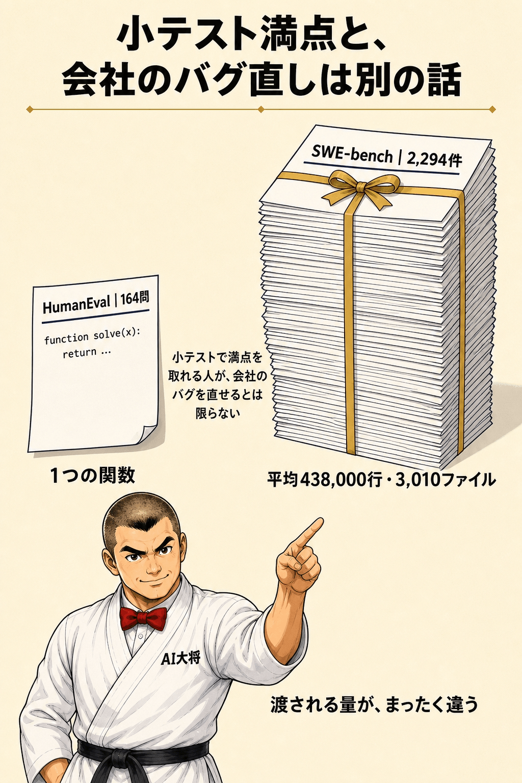 HumanEvalとSWE-benchの規模の対比。1つの関数と平均438,000行・3,010ファイルを、紙1枚と書類の山で表す