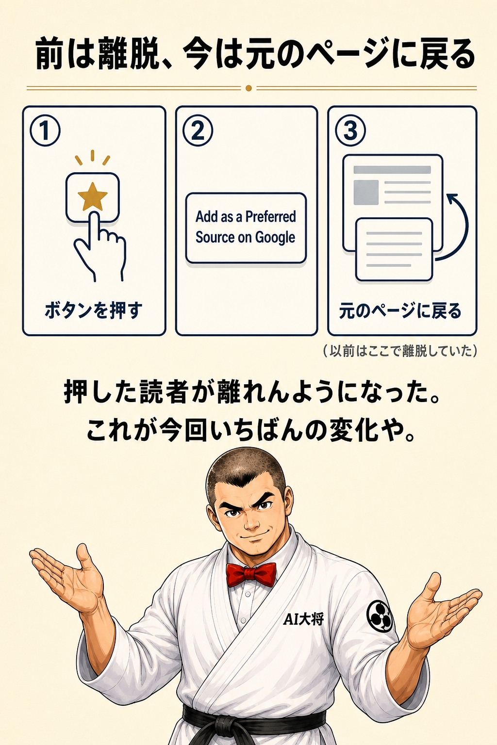 以前は確認画面から離脱していた読者が、8月20日の変更後は追加完了後に元のページへ戻ってくる3コマの流れを示した図解