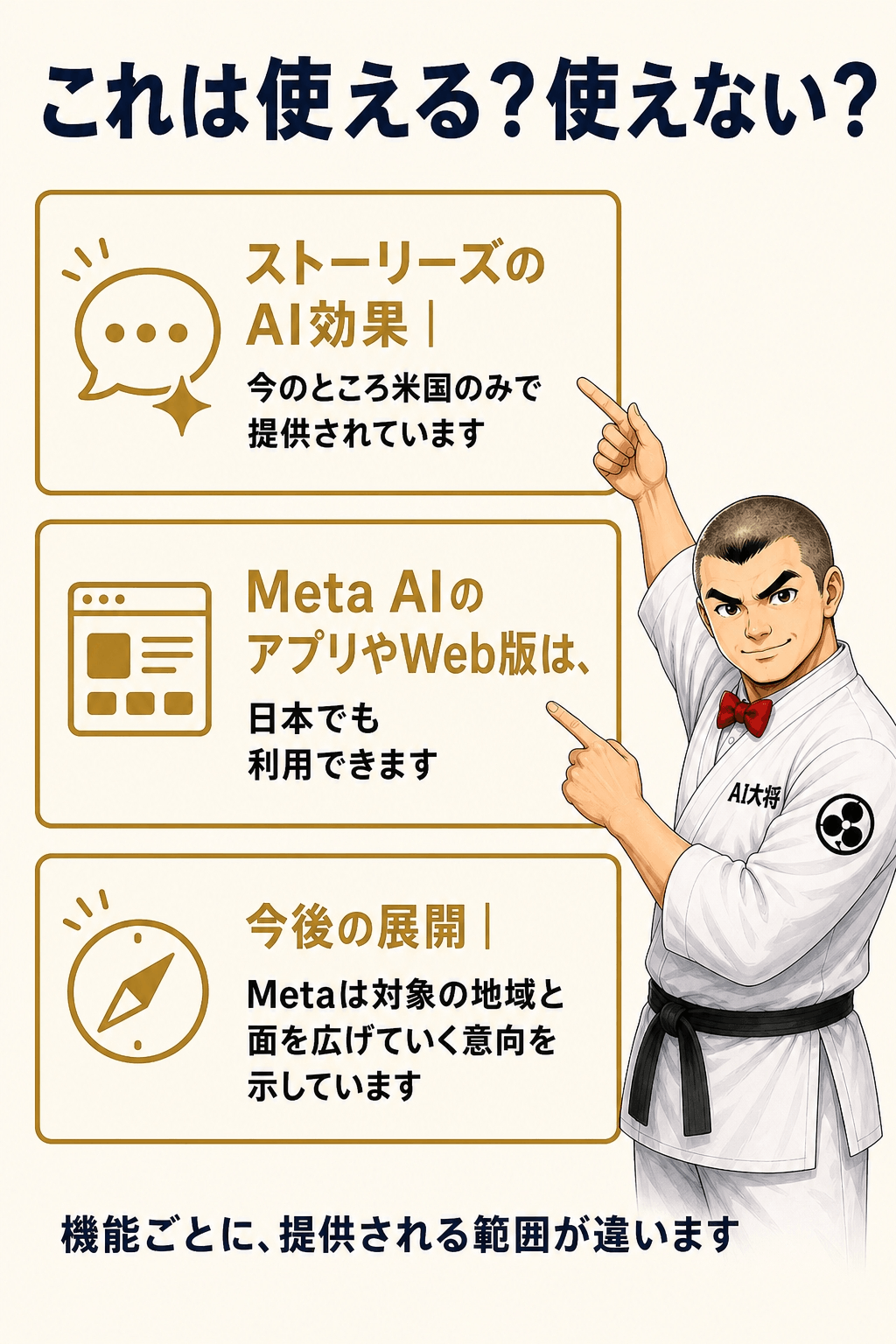 ストーリーズのAI効果とMeta AI本体、それぞれの提供状況を整理した図解