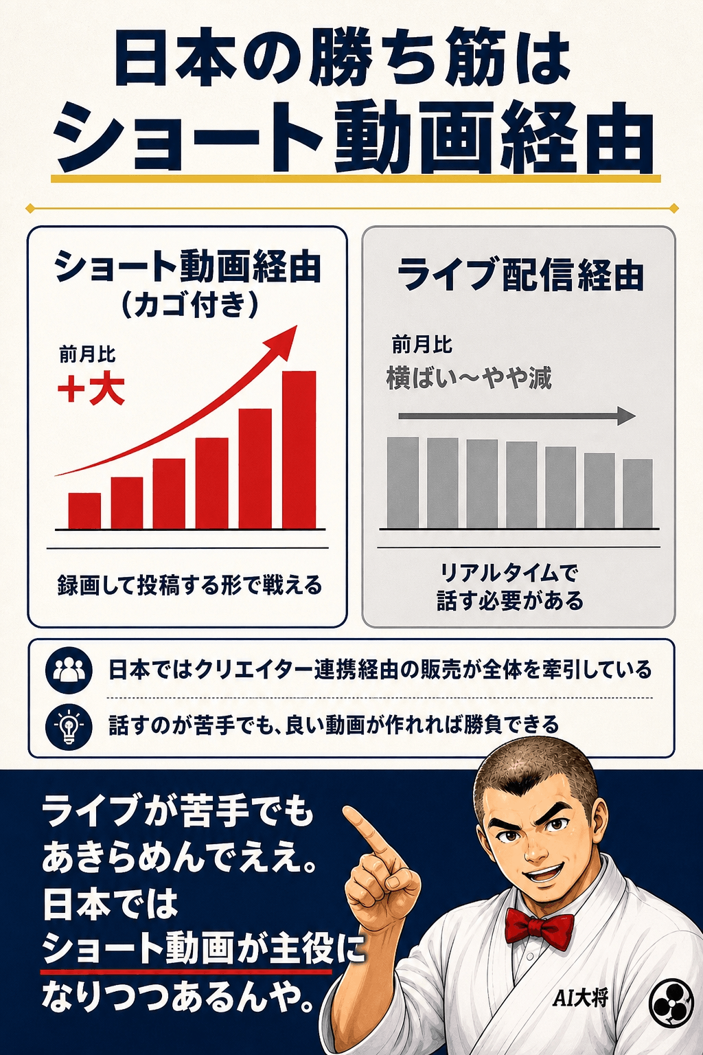 左にカゴ付きショート動画経由が大きく増加、右にライブ配信経由が横ばい〜やや減少を矢印で示した図解。日本ではショート動画経由が主役になりつつあることを示す。