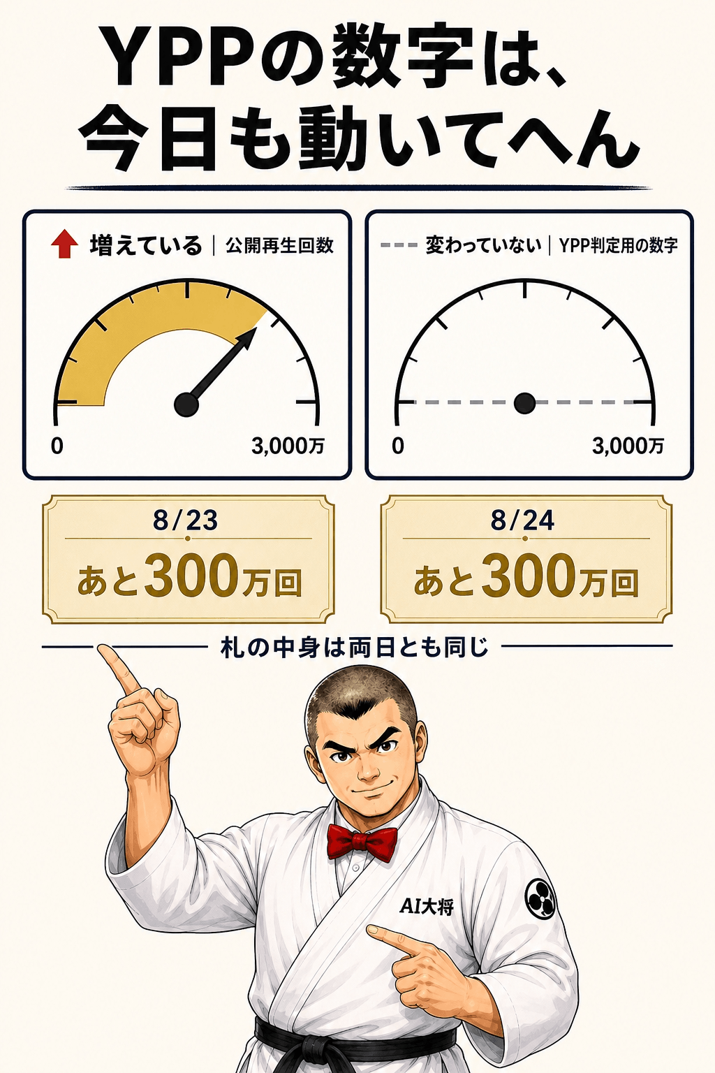 左側に伸びていく公開再生回数のメーター、右側に据え置きのYPP判定用メーターを並べ、あと300万回という札が両方の日付で変わらないことを示した図解