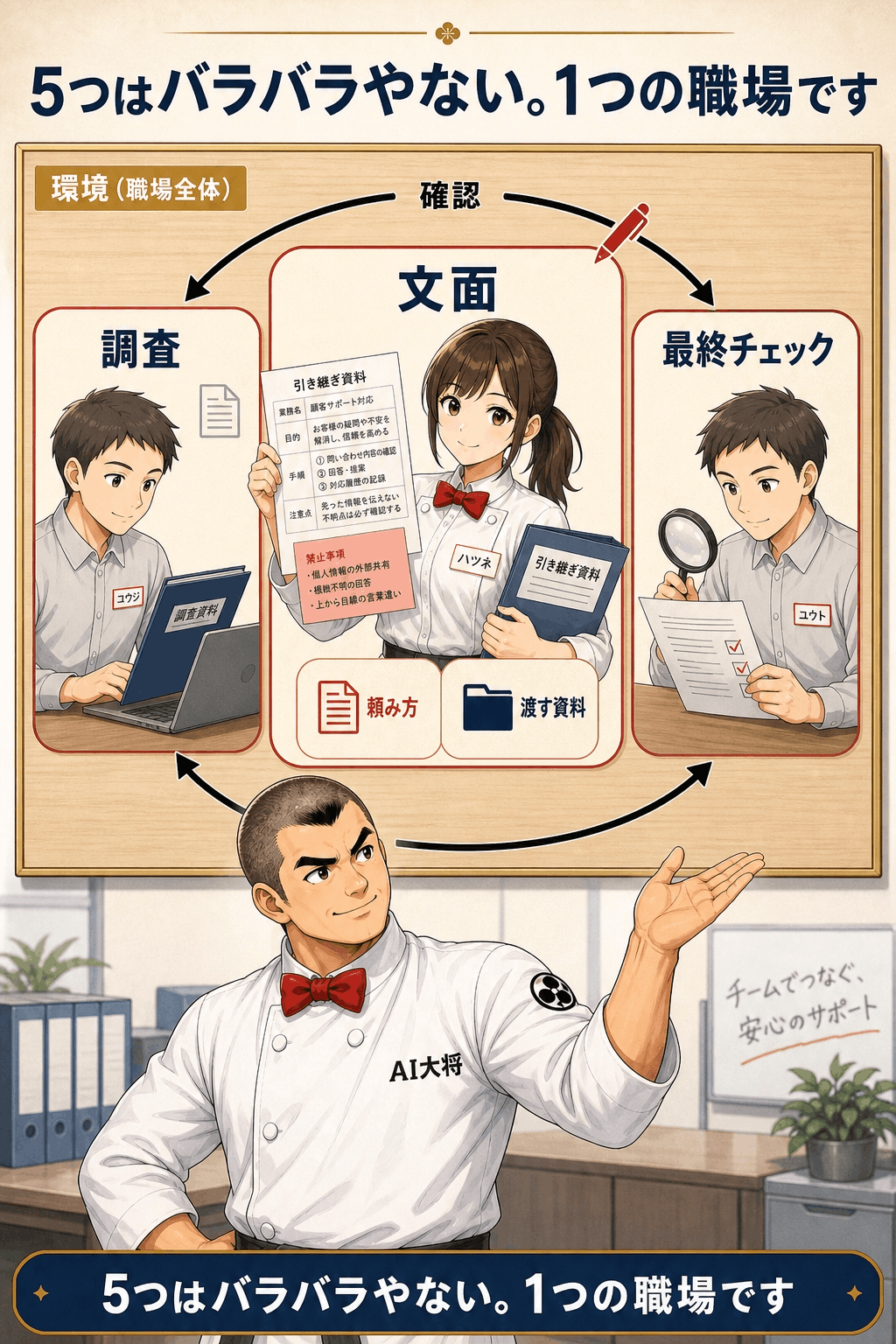 外側の枠が環境、その中の3マスが分担、1マスの中に頼み方と渡す資料、マスを回る矢印が確認という入れ子構造を、ハツネと仲間2人が実際に働いている姿で埋めた完成版の図解