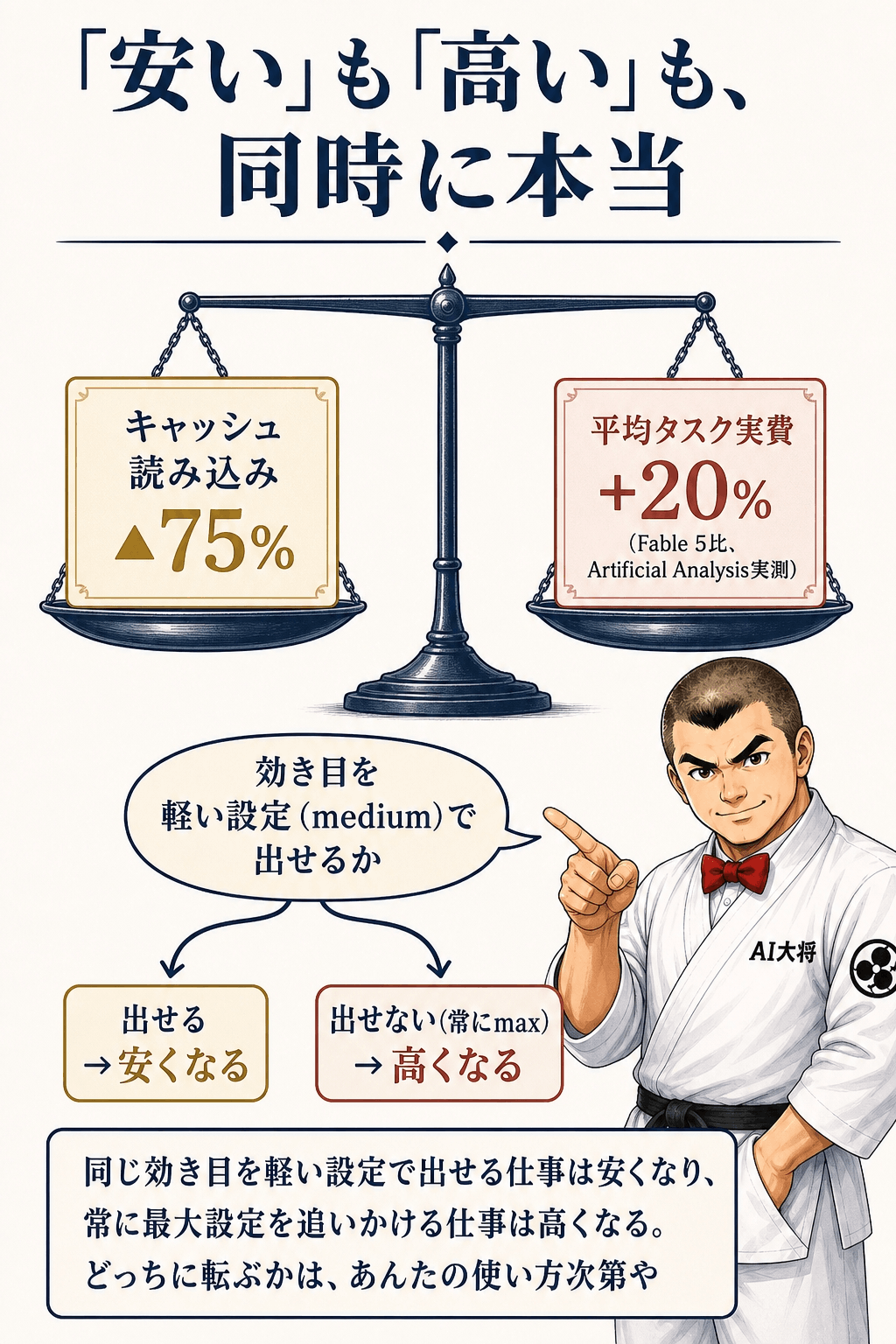 天秤の左側にキャッシュ価格75%削減、右側に平均タスクの実費20%増を乗せて釣り合いを取っている図。下段に「効き目を軽い設定で出せるかどうか」という分岐が描かれている