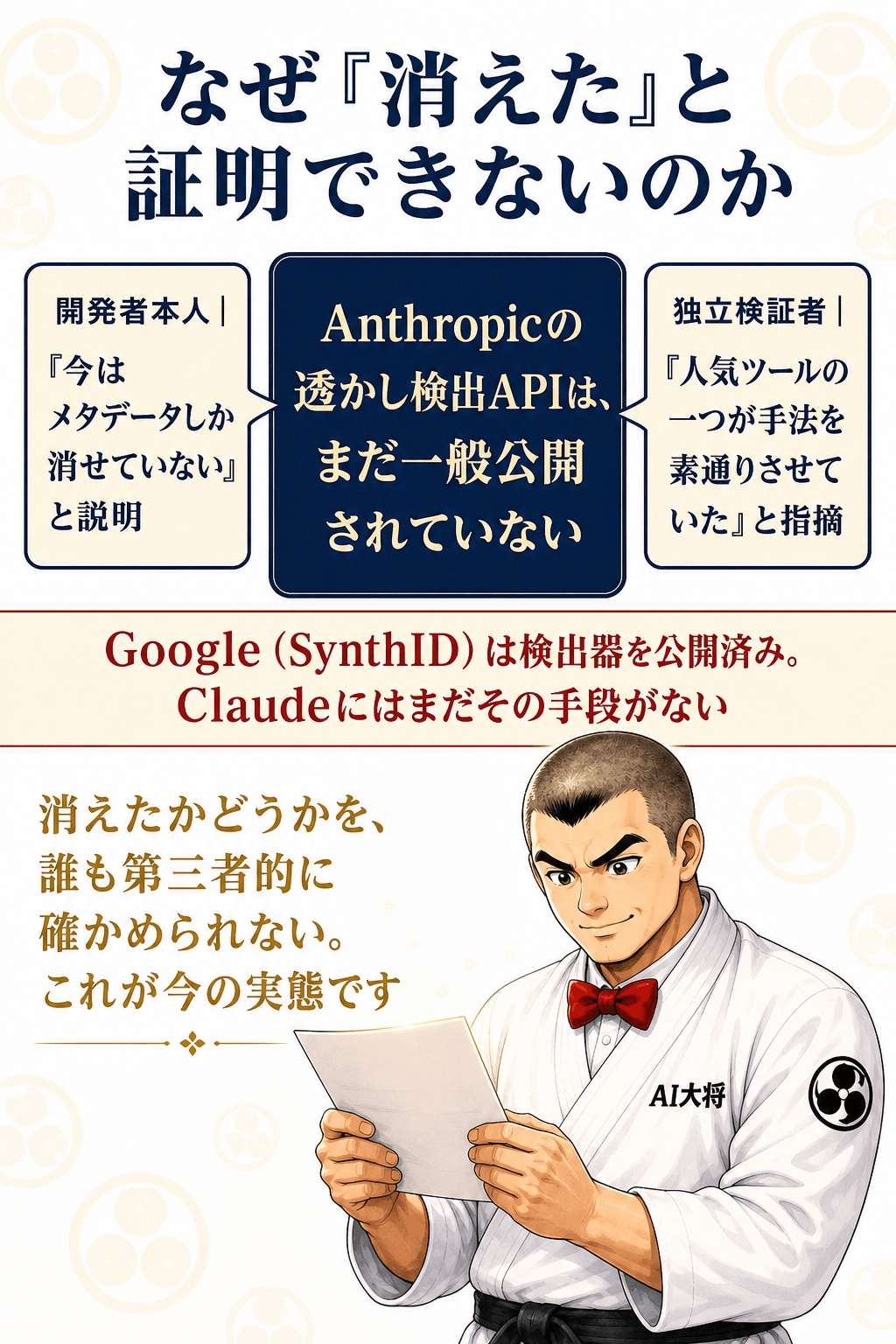 Anthropicの検出APIが未公開のため除去の成否を誰も検証できないという構造を示す図解