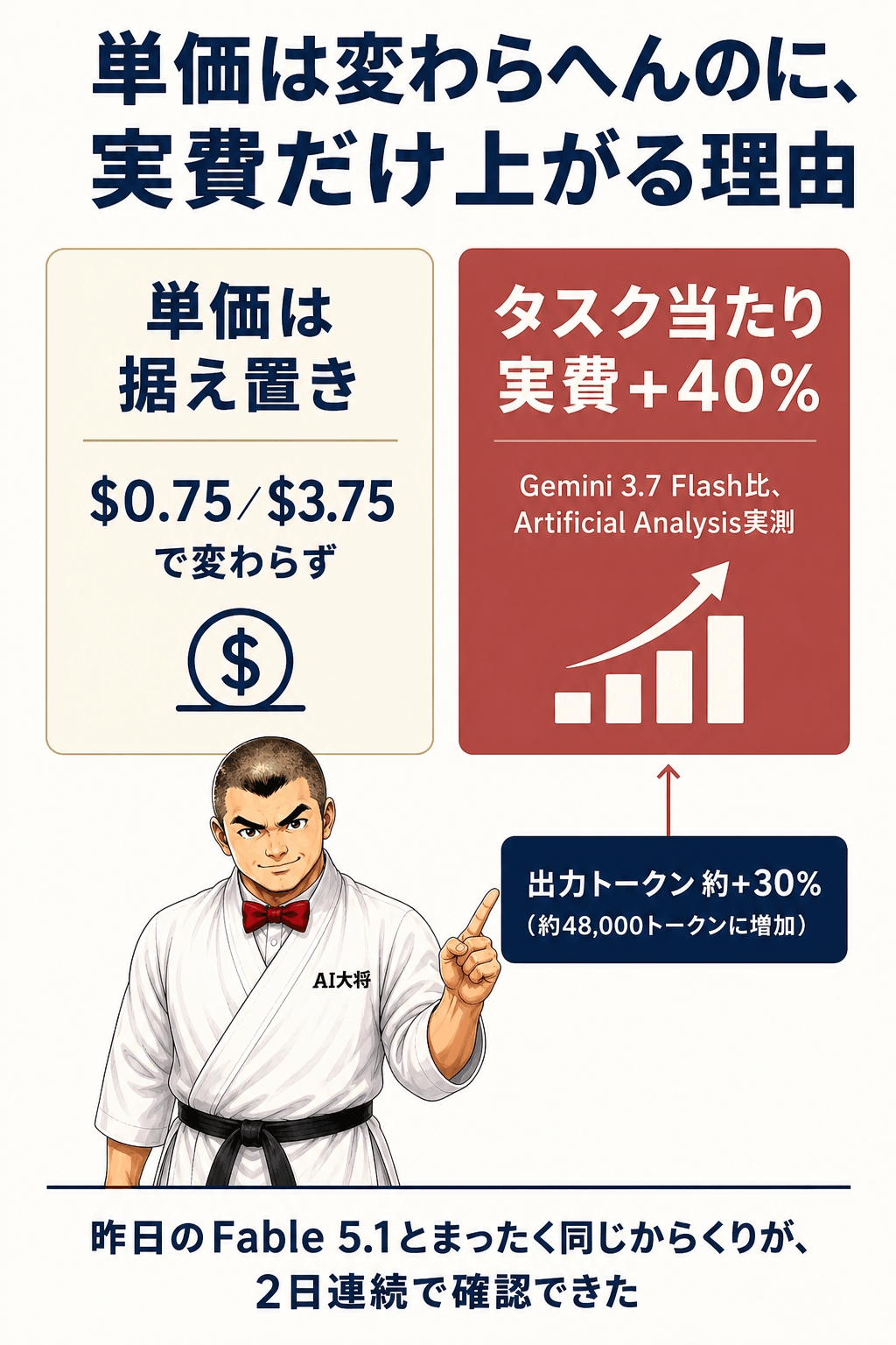 「単価は据え置き」のカードと「タスク当たり実費+40%」のカードを左右に並べ、下段に「出力トークン+30%」という注記を添えた図