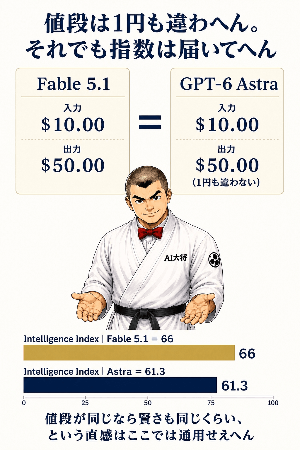 Fable 5.1とAstraの価格カード（同額）と、Intelligence Indexの棒グラフ（66対61.3）