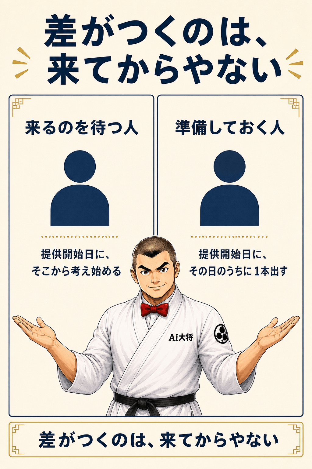 来るのを待つだけの人と、準備しておく人の差を示す図解