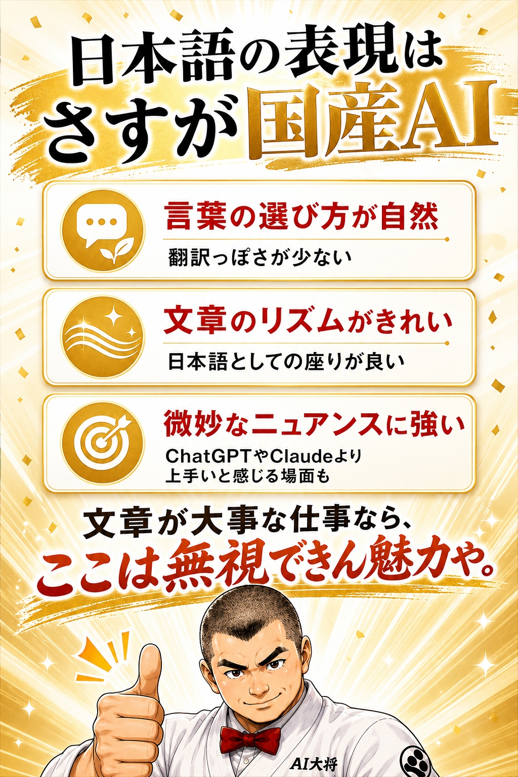 Sakana Fuguの日本語表現がChatGPTやClaudeより自然に感じられた点を示した図