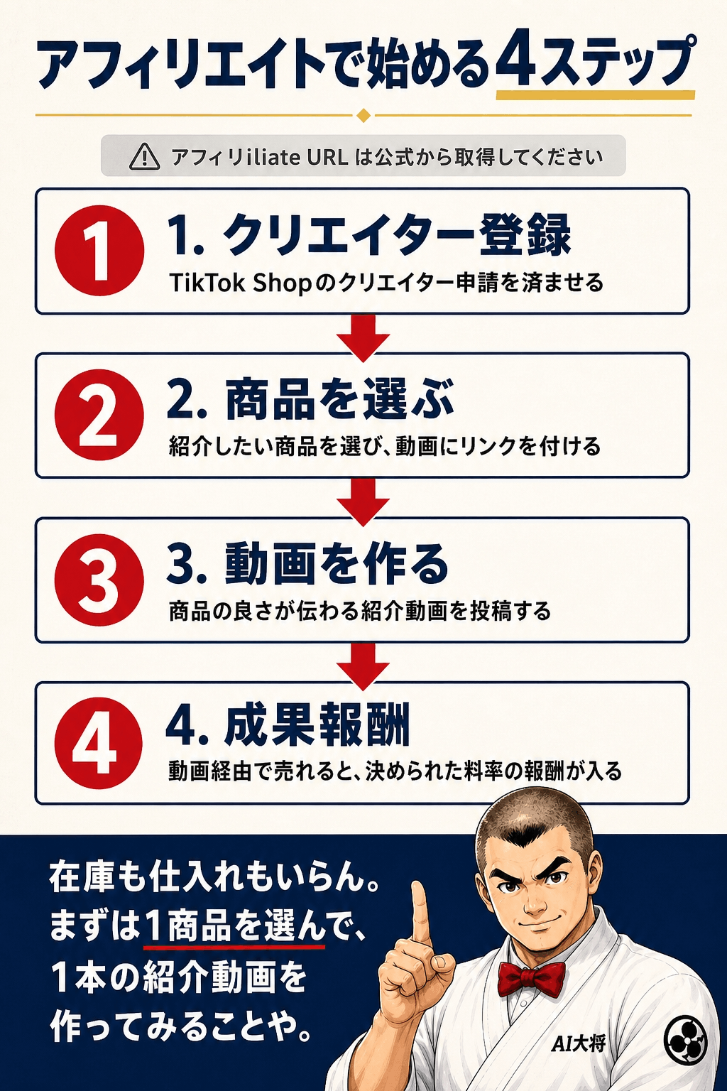 上から下へ、クリエイター登録、商品を選ぶ、動画を作る、成果報酬が入る、の4ステップを矢印でつないだ図解。アフィリエイトで始める手順を示す。