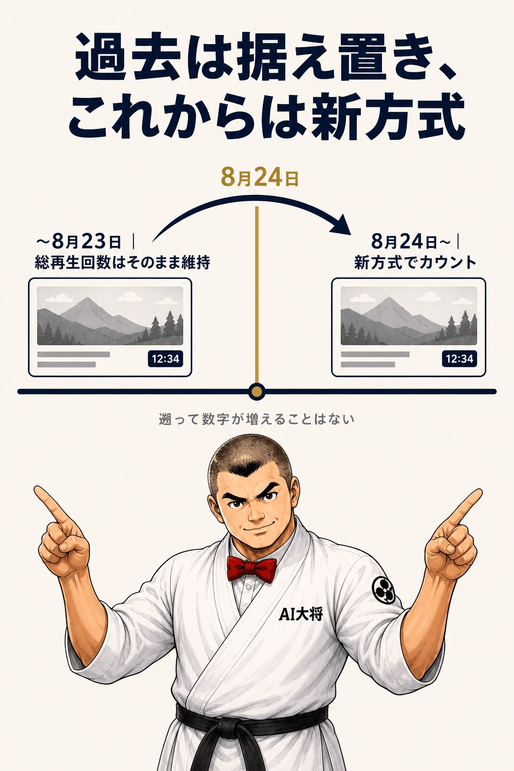 8月24日を境目にした時間軸を描き、左側の過去の総再生回数はそのまま、右側の今日以降の再生は新方式でカウントされることを示した図解