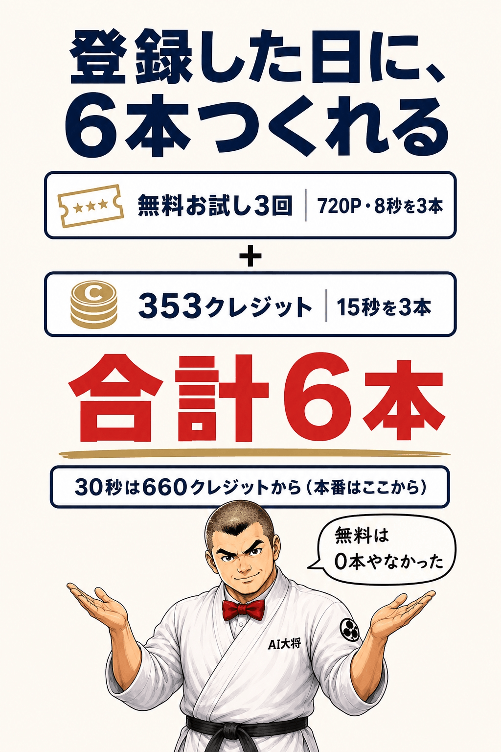 初日にできることの図を再掲。無料お試し3回とクレジット353を足すと6本つくれることと、Geminiアプリの無料プランでは動画が作れないことを1枚で並べた図