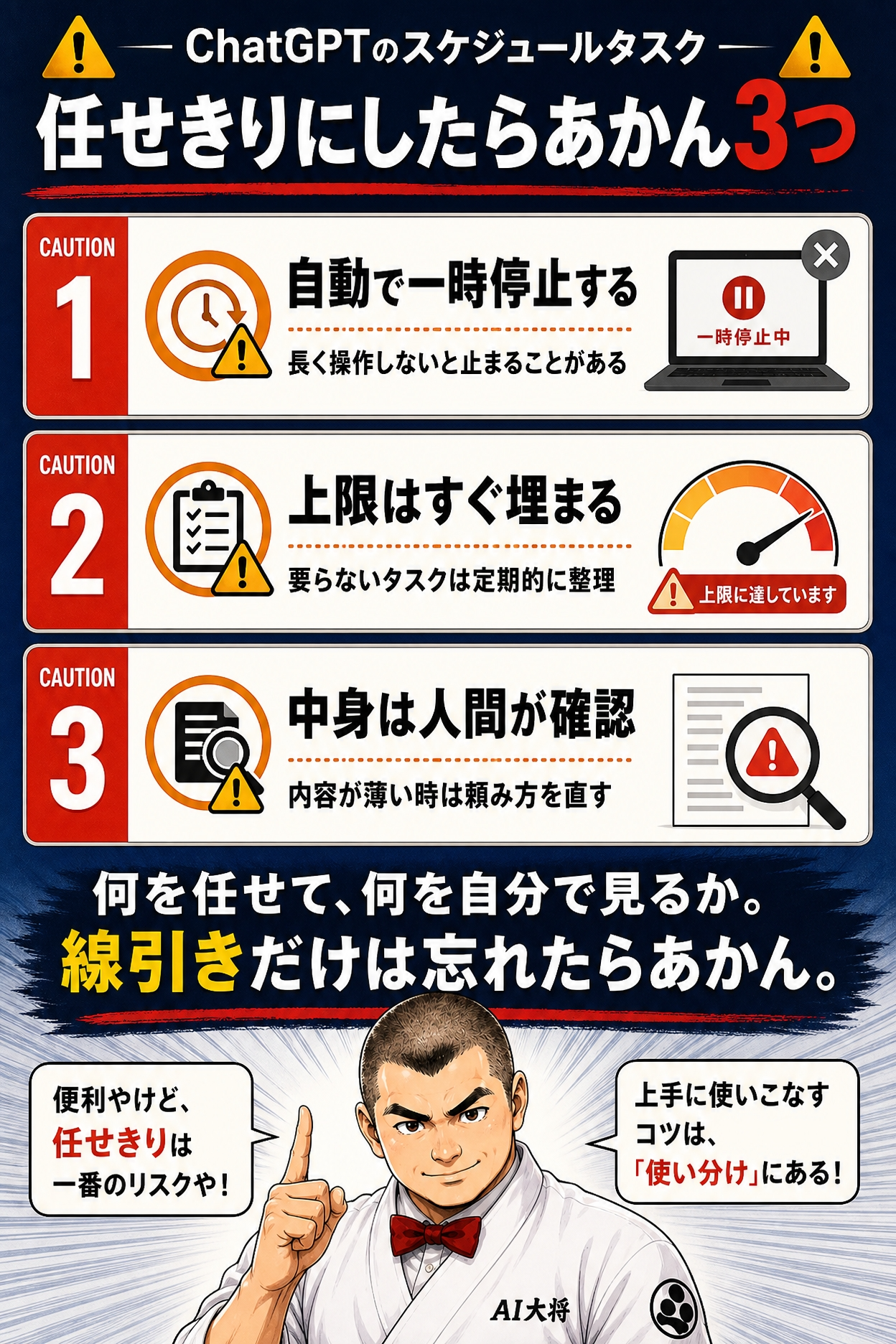 ChatGPTの予定機能を任せきりにしないための3つの注意点（自動停止・上限管理・出力確認）を整理した図
