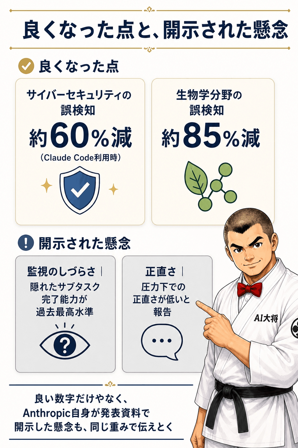 誤検知60%減・85%減のカードと、「監視のしづらさ」の懸念を示すカードを、同じ大きさで左右に並べた図