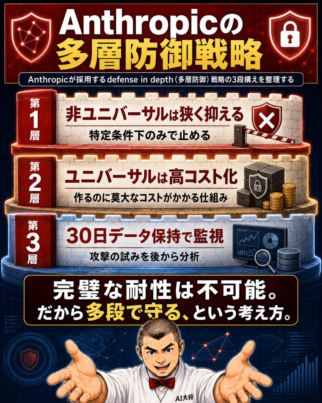 Anthropicの多層防御戦略を示す3段構えの図解