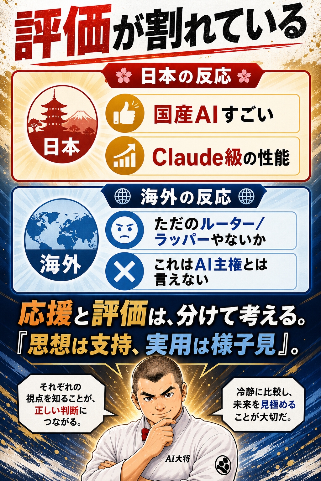 Sakana Fuguの評価が、日本では好意的で海外では辛口に割れている温度差を示した図