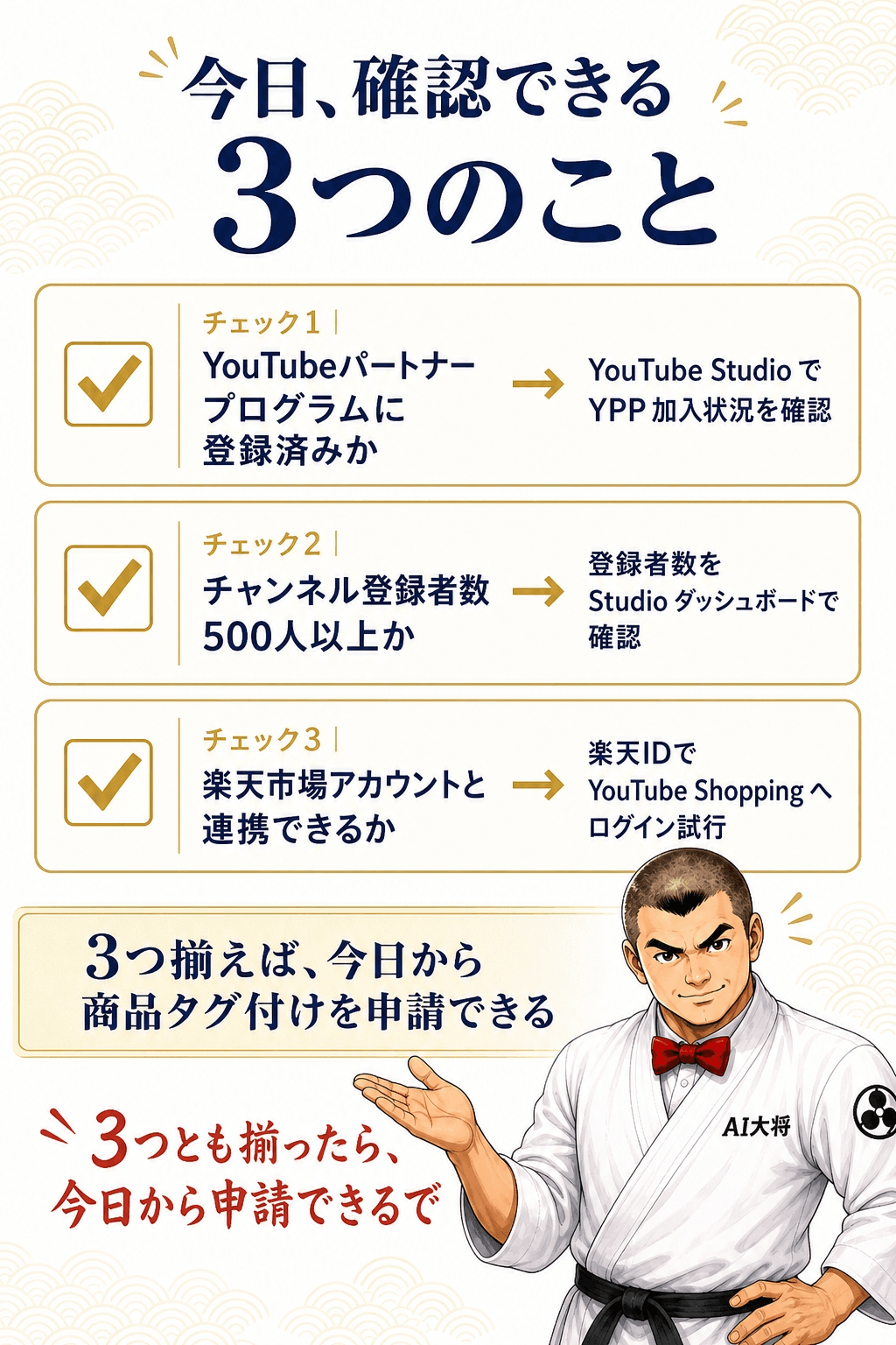 「YouTubeパートナープログラム登録」「登録者500人」「楽天市場タグ付け可能」の3段階を、チェックボックスと矢印で示した参加条件のチェックリスト