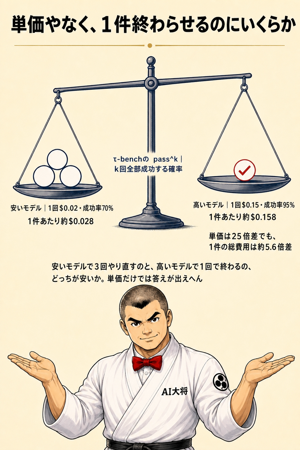 安いモデルで3回やり直す場合と高いモデルで1回で終わる場合を天秤に乗せて比較した図解