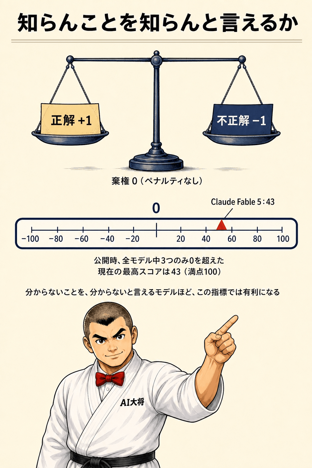 AA-Omniscienceの採点の仕組み。正解＋1・不正解−1・棄権0を示す天秤と、−100〜+100のメーター