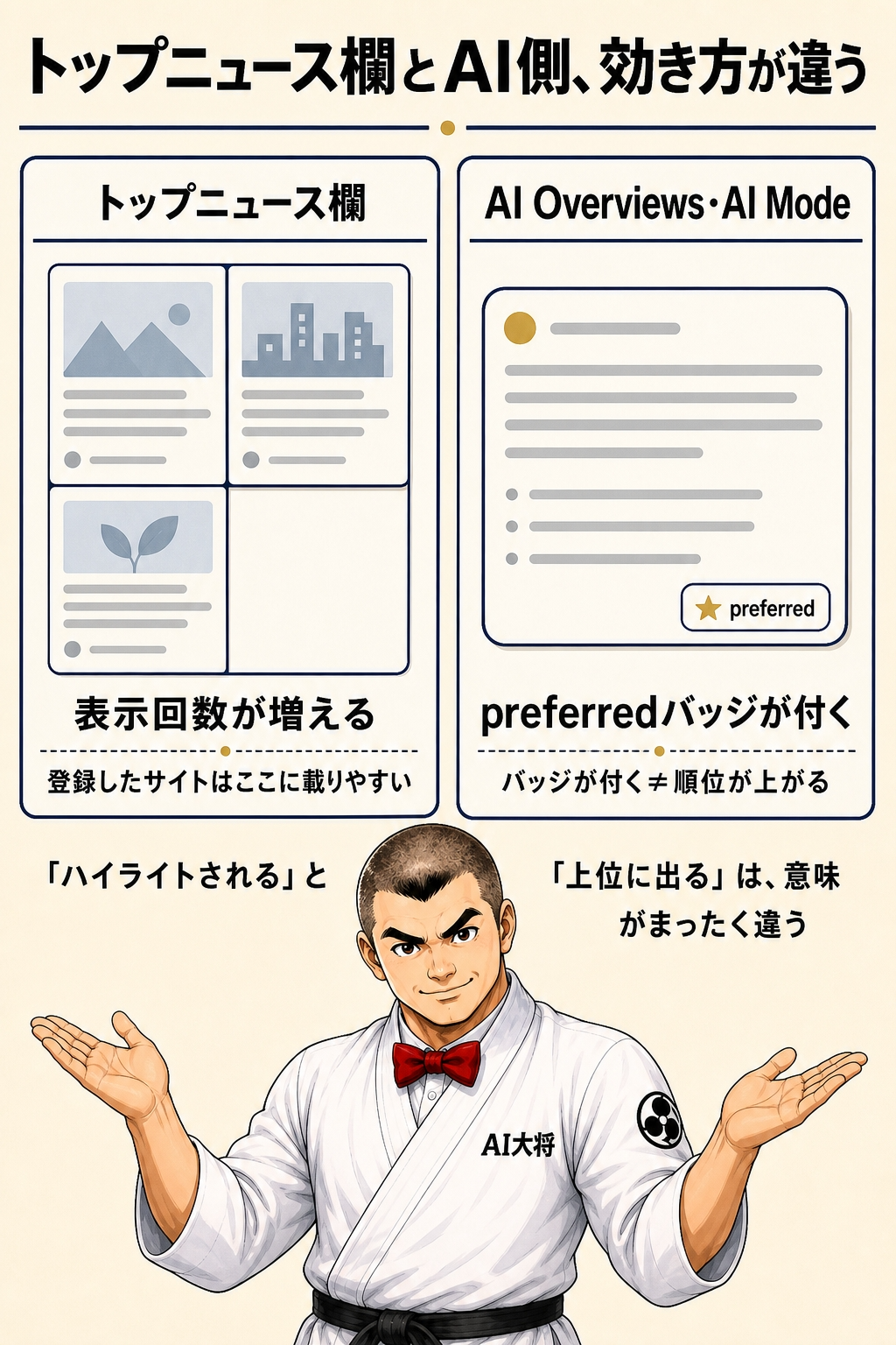 左側にトップニュース欄で表示回数が増える様子、右側にAI OverviewsでpreferredバッジがついたサイトのIラベルを並べて示した図解