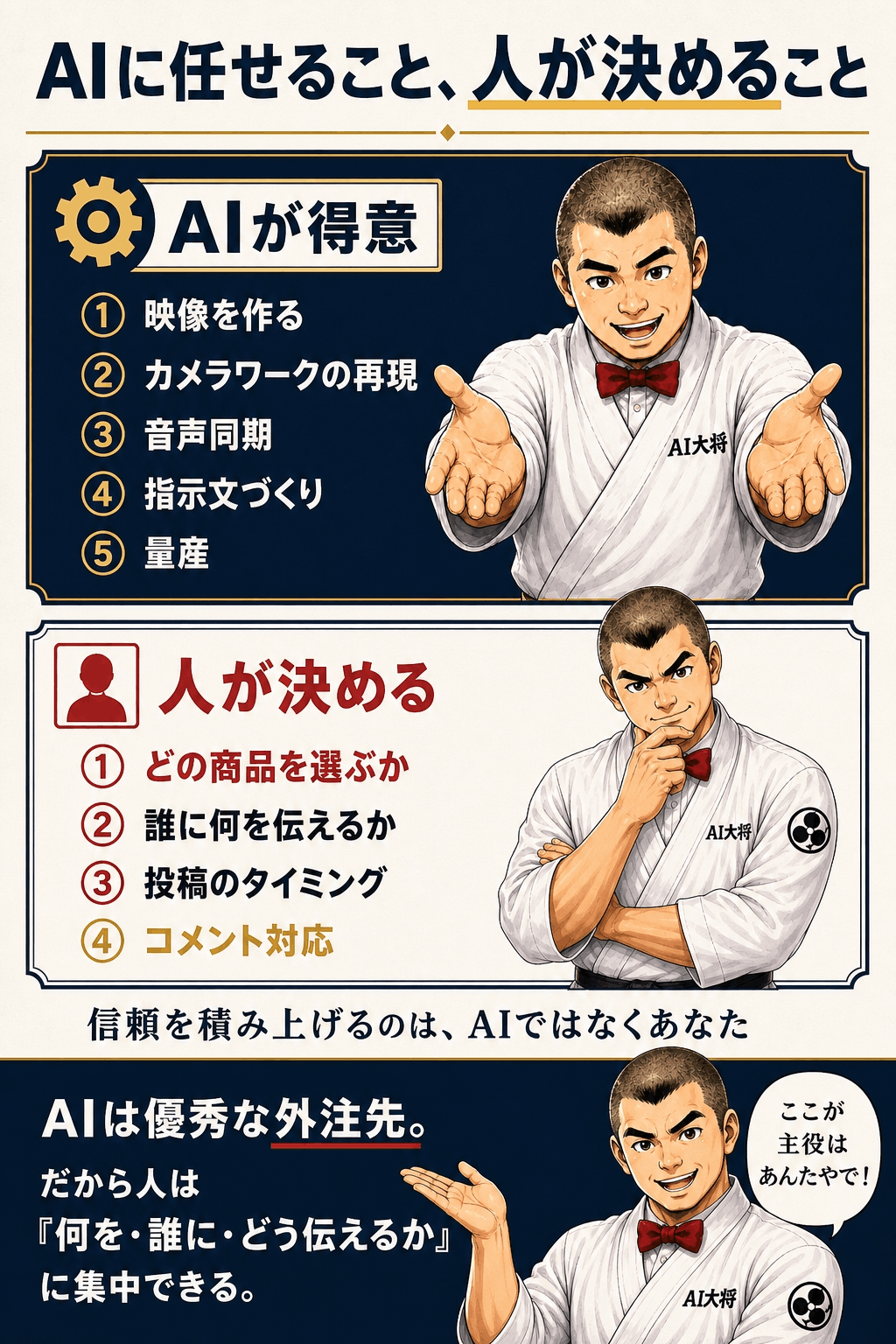 AIが得意なことと人が決めることを上下に分けて示した図解