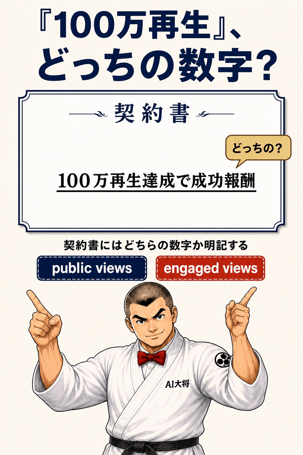 契約書の「100万再生」という文言に下線が引かれ、どちらの数字かを問う吹き出しと、書き足すべき2つの言葉が示された図解