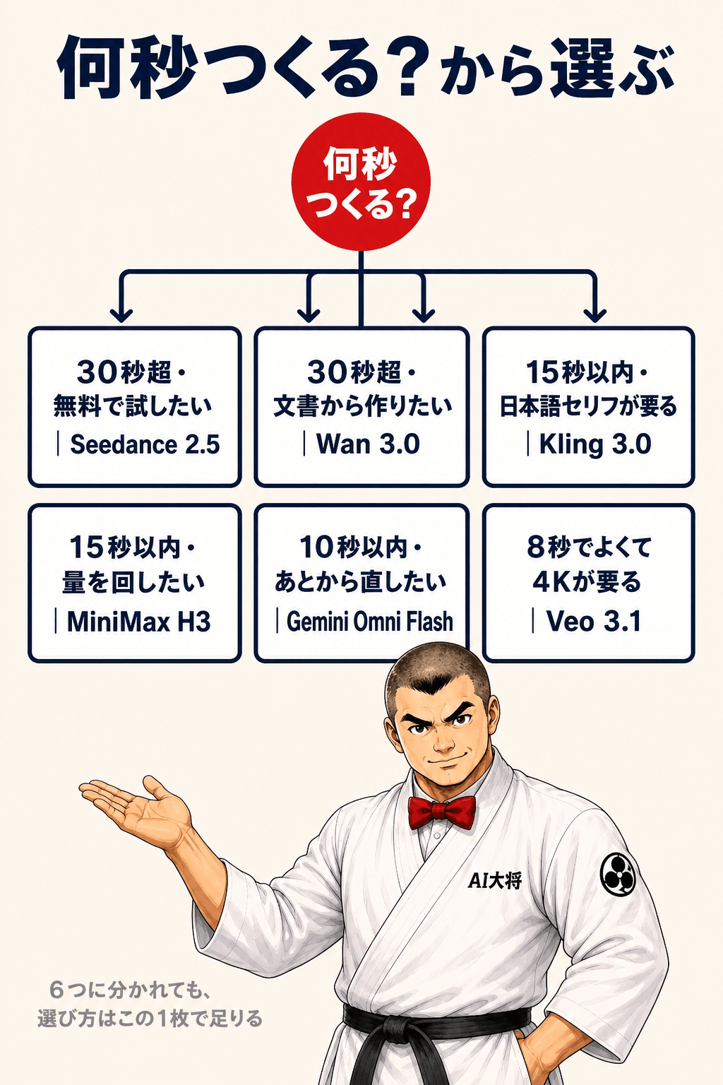 「何秒つくる？」から6モデルへ分岐する判定フロー図