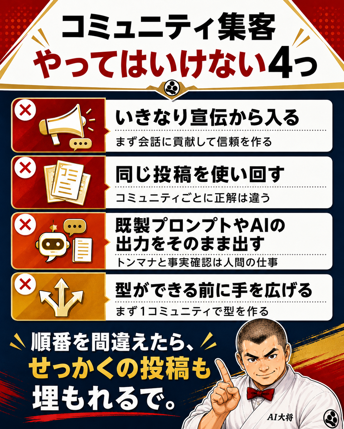 Threadsコミュニティ集客でやってはいけない4つの注意点を整理した図解