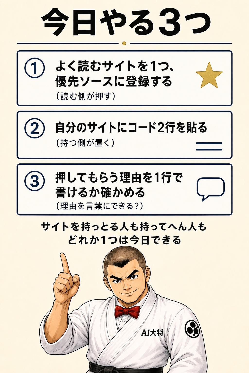 今日やる3つのチェックリストを、優先ソース登録・コード設置・理由の言語化の順で示した図解