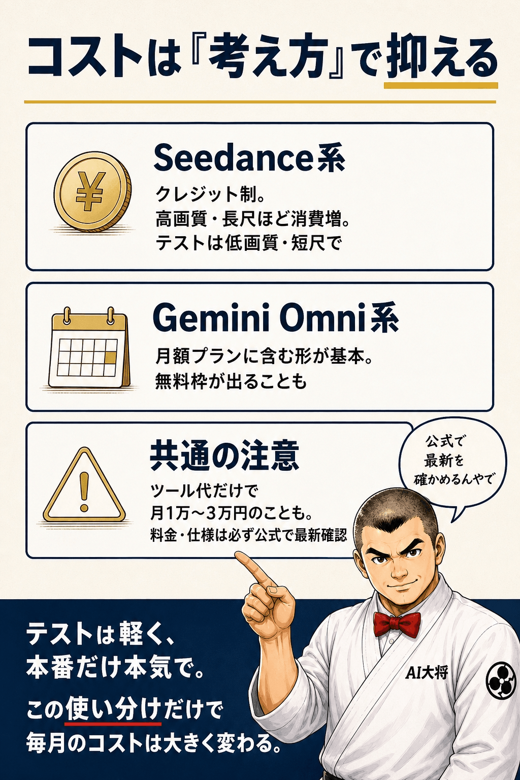 Seedance系・Gemini Omni系・共通の注意の3枚のカードでコスト感を示した図解