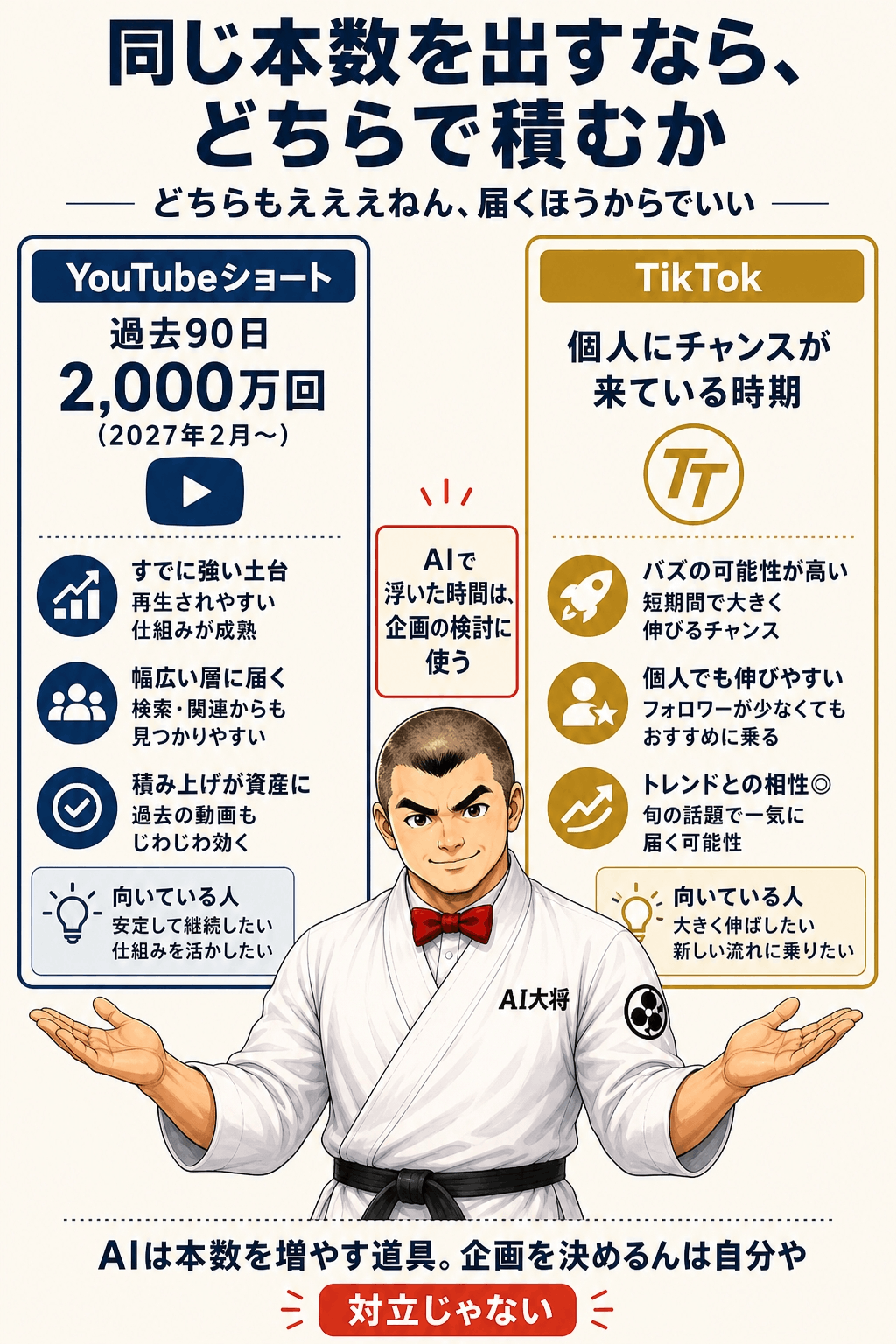 中央に「同じ本数を出すなら、どちらで積むか」、左右にYouTubeショートとTikTokの条件を並べ、下部に分かれ目を1行で示した判断図