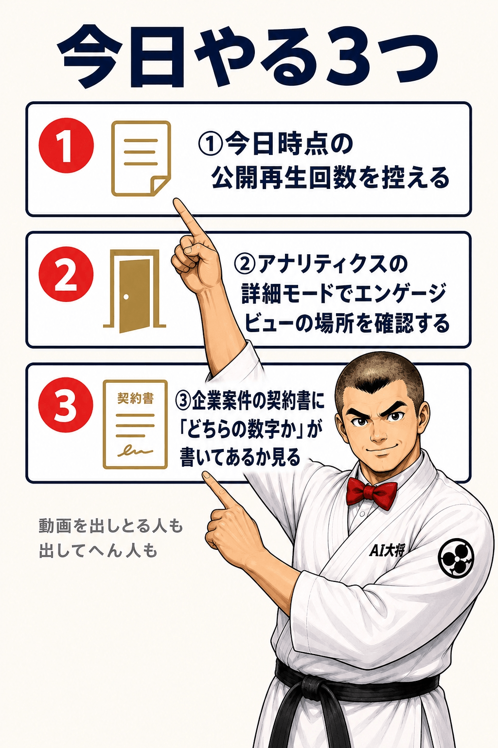 今日やる3つのチェックリストを、公開再生回数の記録・詳細モードの確認・契約書の確認の順で示した図解