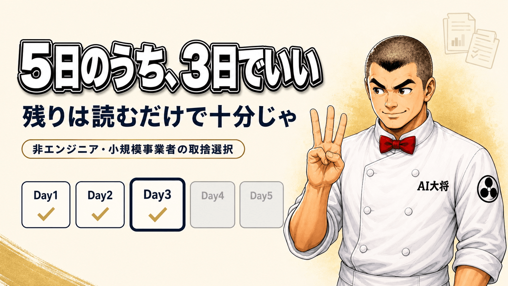 AI大将が「取るのは3日分だけでいい」と伝えながら、Day1からDay5のカードのうちDay1〜3を指し示しているサムネイル