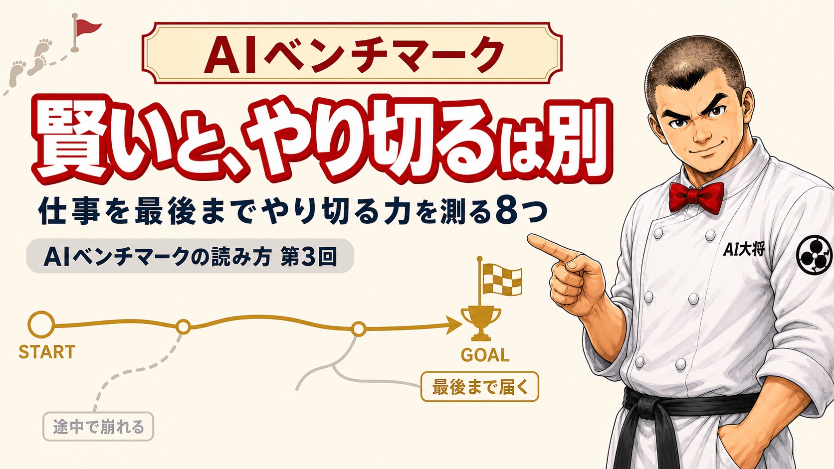 AI大将が、始まりから終わりまで一本につながった作業の道のりを指しながら、やり切る力を説明している図