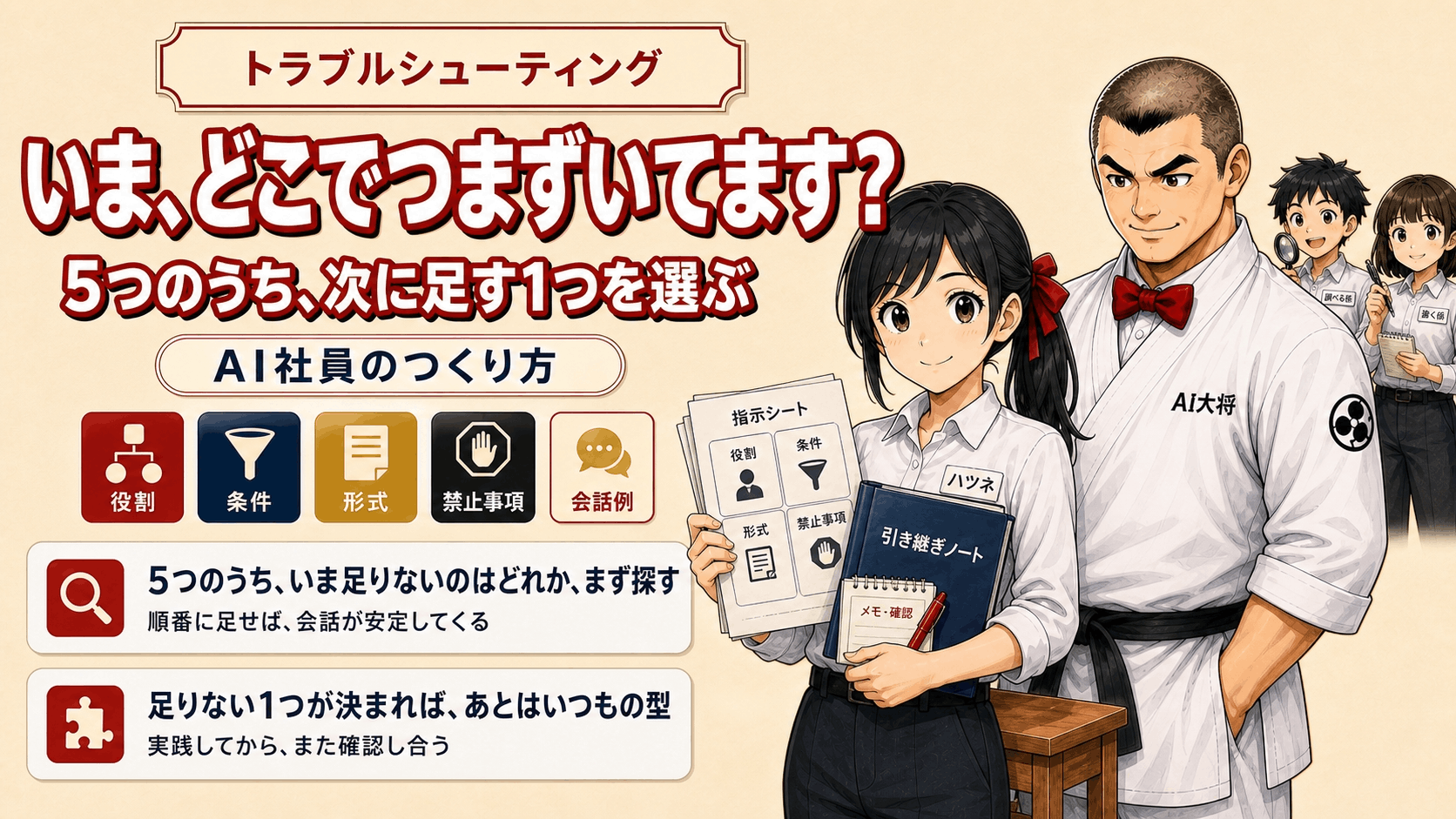 AI大将が、一人前に仕事をするようになったAI社員の隣で、5つの設計思想の使い分け表を示している図