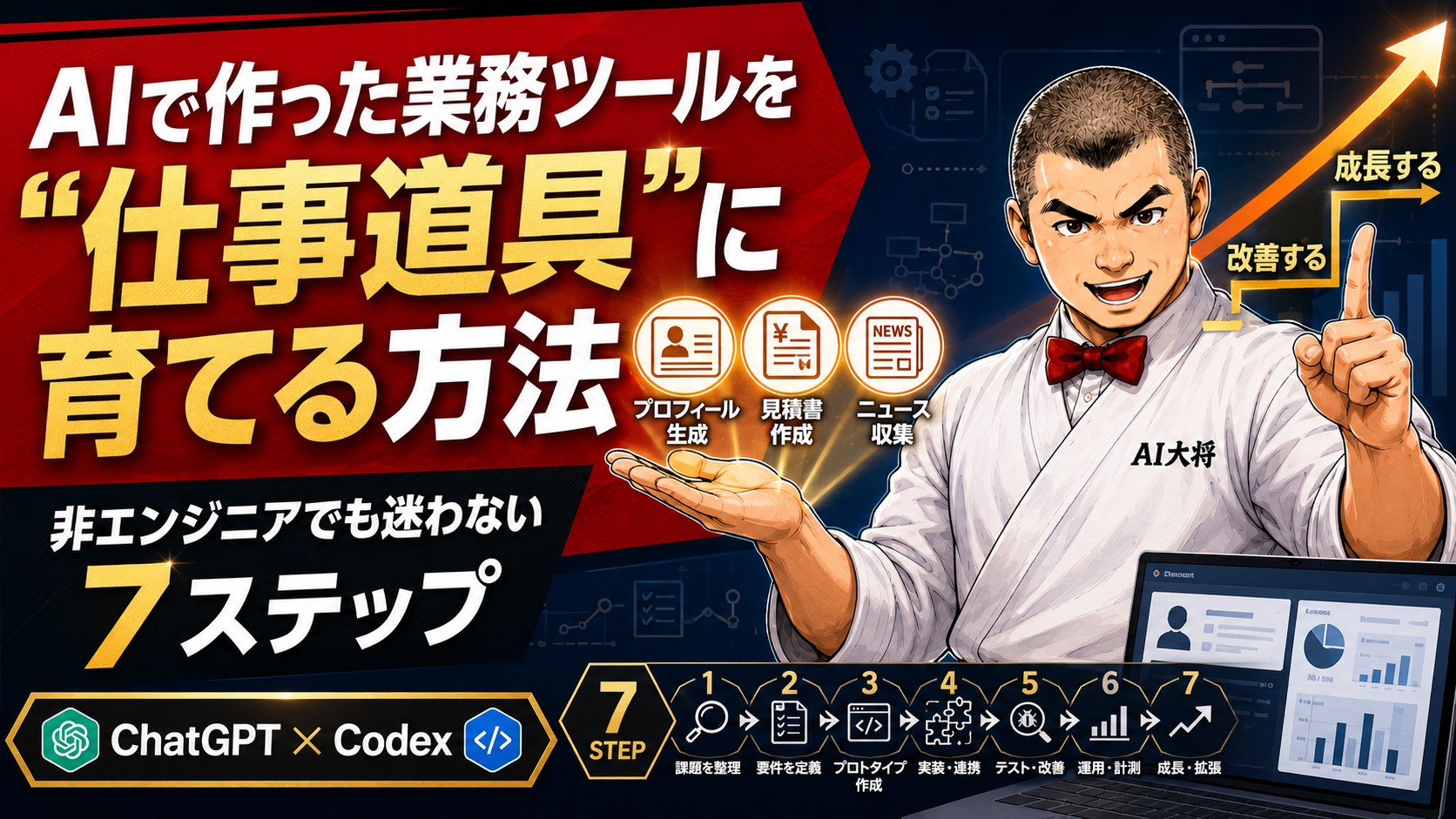 ChatGPTとCodexで作った業務ツールを育てる7ステップを案内するAI大将