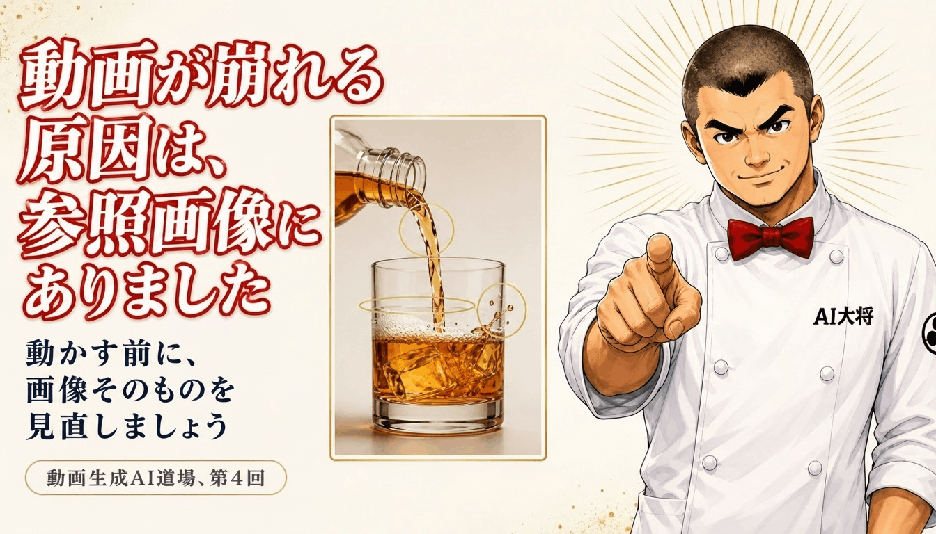 AI大将が、崩れた参照画像とそこから生まれた動画を見比べながら、画像を先に作り込むことをすすめている図