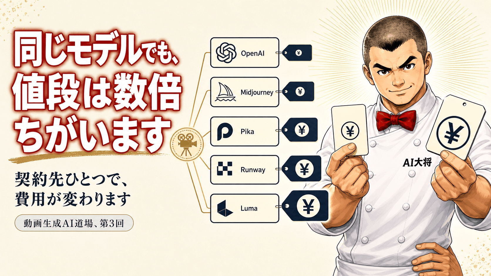 AI大将が、同じモデルにつながる5つの窓口カードのうち、値段の違う2枚を見比べている図