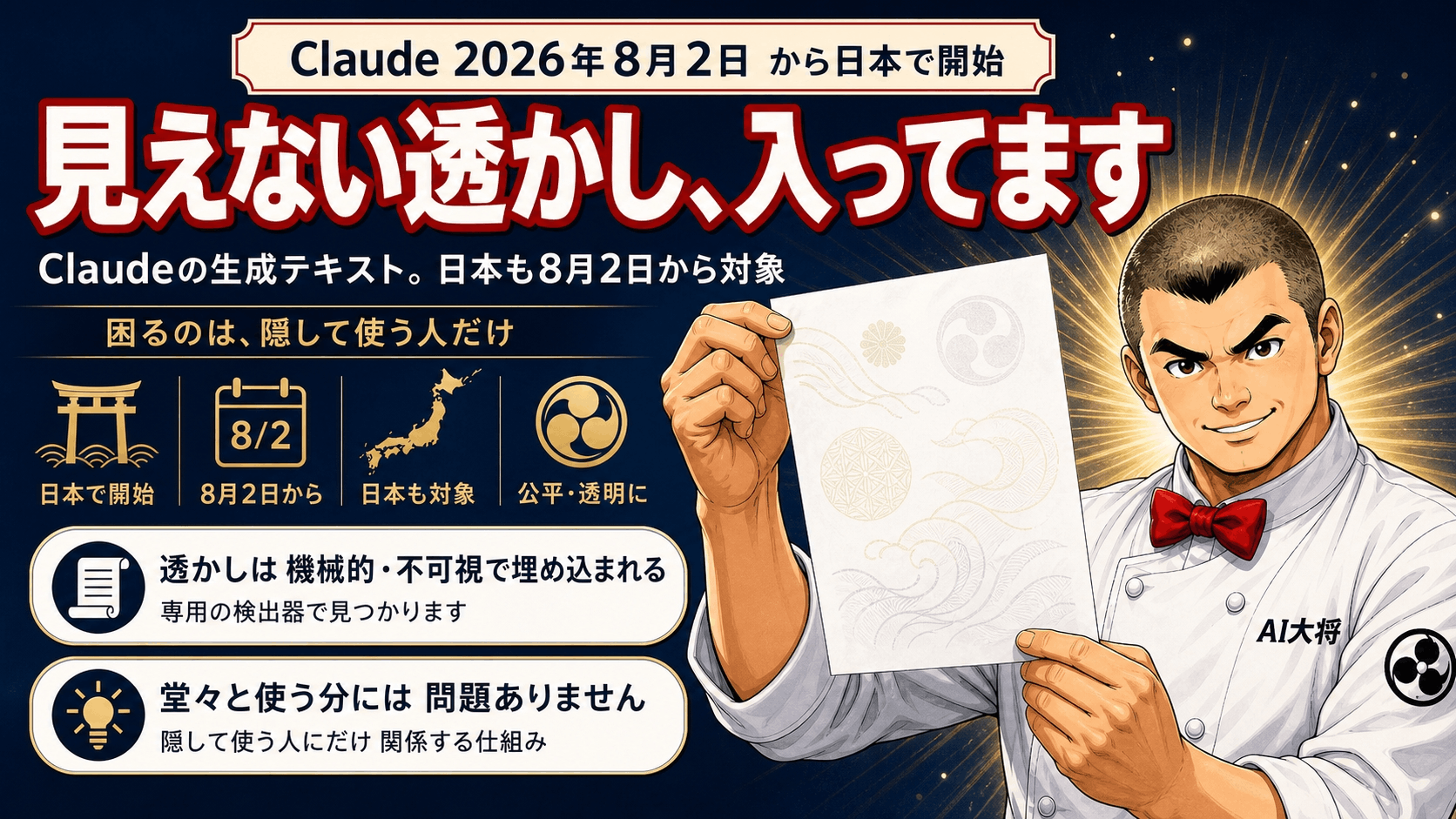 AI大将が、Claudeで書かれた文章に透かしが織り込まれている様子を、紙を光にかざす仕草で示している図